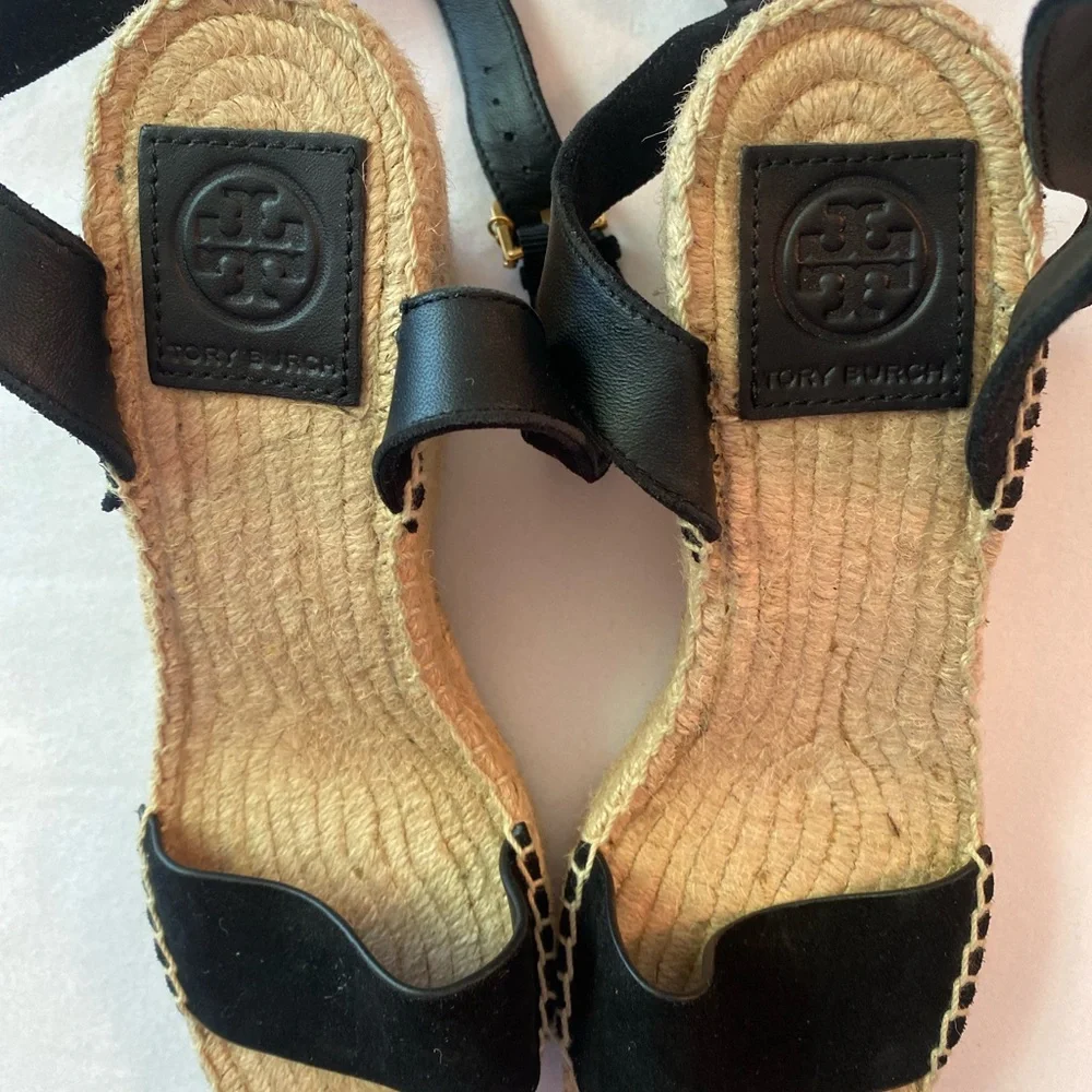 Tory‎ Burch Laurel Black Suede Espadrille Wedge Sandal